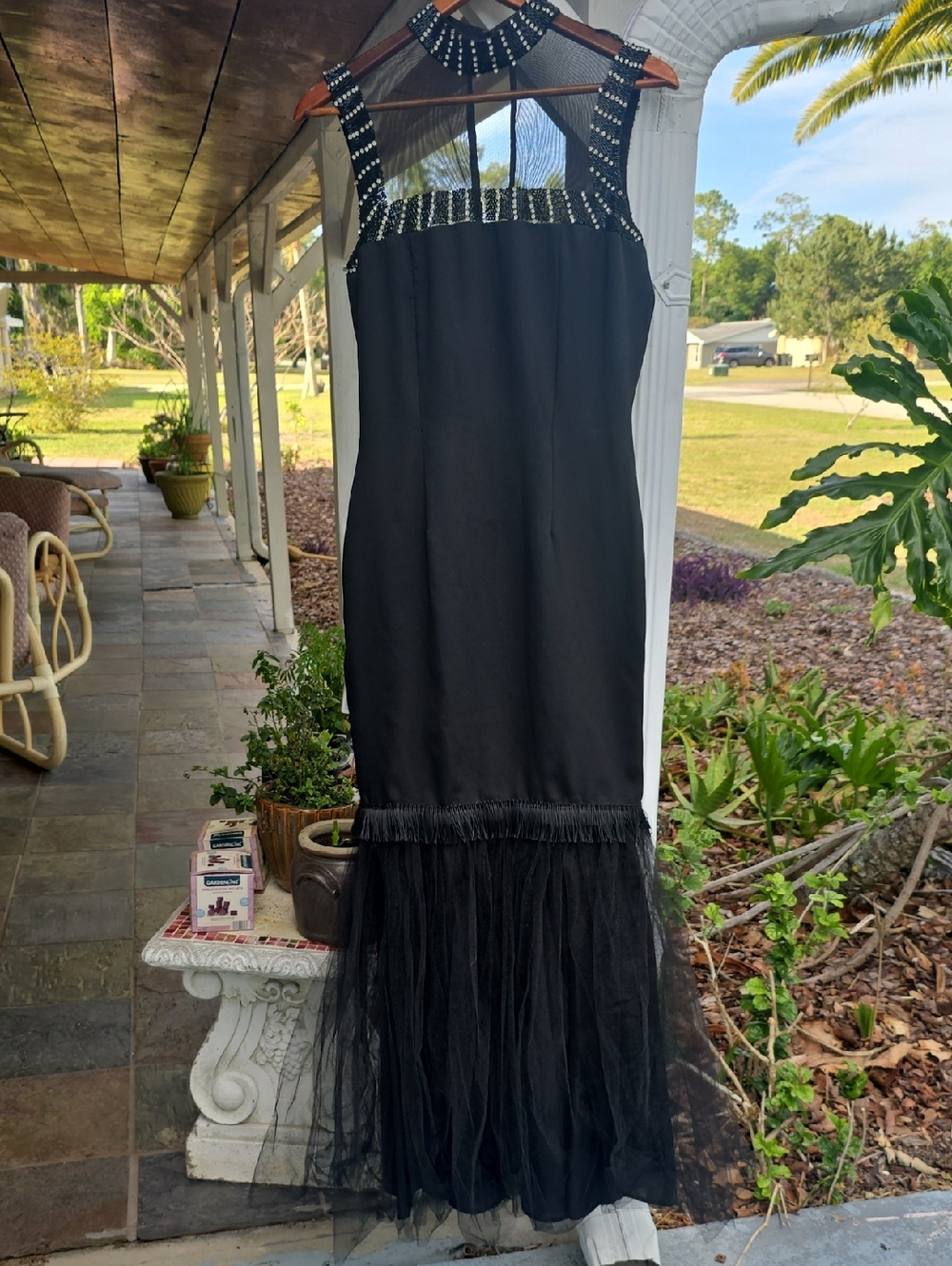 Lillie Rubin Black Beaded Fringe Evening Dress Size 8